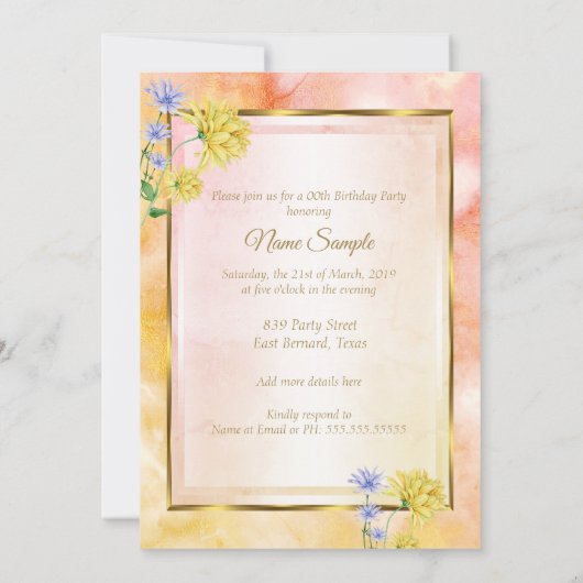 Blauwe gele roze bloemen Birthday Party nodigt uit Kaart (Achterkant)