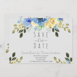 Blauwe & Gele Rozen op Zachte Grijs Kaart