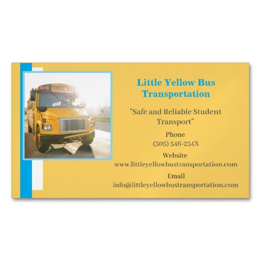 Blauwe gele schoolbuschauffeur magnetisch visitekaartje (Voorkant)