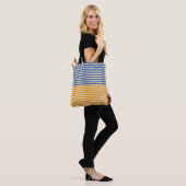 Blauwe gele streep tote bag (Op model)