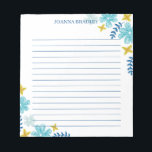 Blauwe gele tropische bloemen - gelaagd notitieblok<br><div class="desc">Floral notitieblok met bloemen en bladeren in blauw,  geel en turkooizen. Het notitieblok is met elkaar verbonden. Voeg jouw naam in blauw toe.</div>
