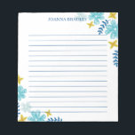 Blauwe gele tropische bloemen - gelaagd notitieblok<br><div class="desc">Floral notitieblok met bloemen en bladeren in blauw,  geel en turkooizen. Het notitieblok is met elkaar verbonden. Voeg jouw naam in blauw toe.</div>