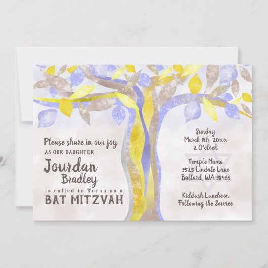 Blauwe, Gele Twisted Tree Bat Mitzvah Uitnodiging (Voorkant)