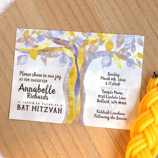 Blauwe, Gele Twisted Tree Bat Mitzvah Uitnodiging