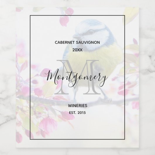 Blauwe & Gele Vogel op een Tak Wijnmaker Wijn Etiket (Enkel label)