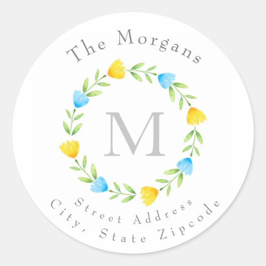 Blauwe gele Waterverf Bloemstammenetiketten Ronde Sticker (Voorkant)