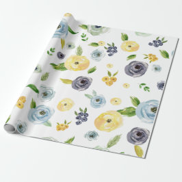 Blauwe Gele Waterverf Roos Lenteriersbruiloft Cadeaupapier