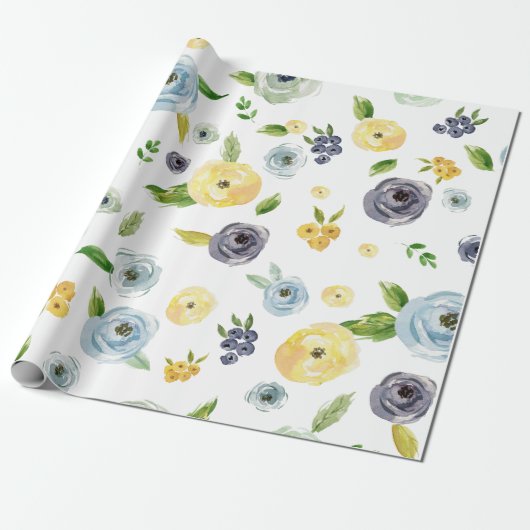 Blauwe Gele Waterverf Roos Lenteriersbruiloft Cadeaupapier (Uitgerold)