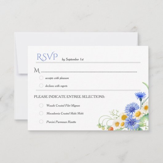 Blauwe gele Waterverf Wildbloemen Bindende RSVP's RSVP Kaartje (Voorkant)