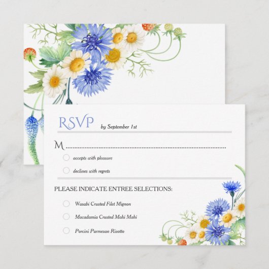 Blauwe gele Waterverf Wildbloemen Bindende RSVP's RSVP Kaartje (Voorkant / Achterkant)