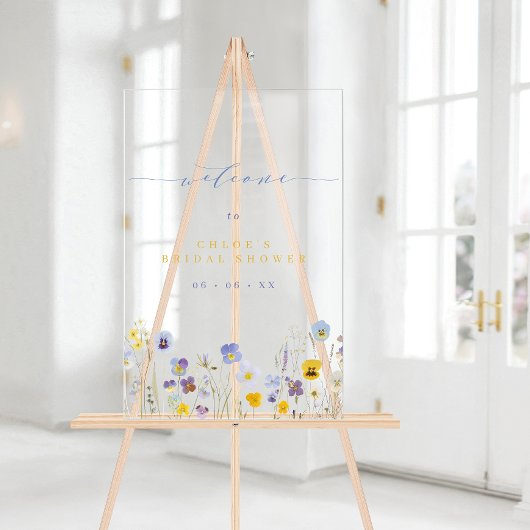 Blauwe & Gele Wilde Bloemen Bruiloft Feest Welkom Acryl Bord