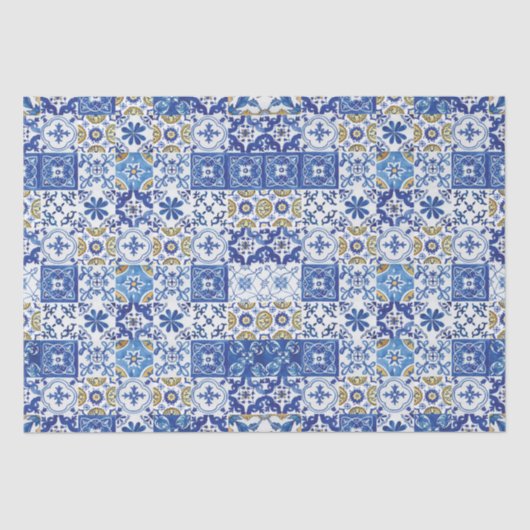 Blauwe Gele Witte Meditterraanse Mozaïek Tegels Tissuepapier (Voorkant)