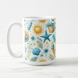 BLAUWE & GELE ZOMER SCHELPEN ZONNEN BLOEMEN KOFFIEMOK
