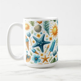 BLAUWE & GELE ZOMER SCHELPEN ZONNEN BLOEMEN KOFFIEMOK