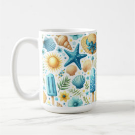 BLAUWE & GELE ZOMER SCHELPEN ZONNEN BLOEMEN KOFFIEMOK