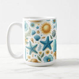 BLAUWE & GELE ZOMER SCHELPEN ZONNEN BLOEMEN KOFFIEMOK