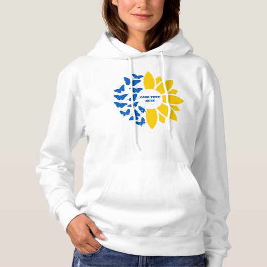 Blauwe/gele zonnebloem. Eigen Tekst. Hoodie (Voorkant)