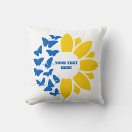 Blauwe/gele zonnebloem. Eigen Tekst.  Kussen