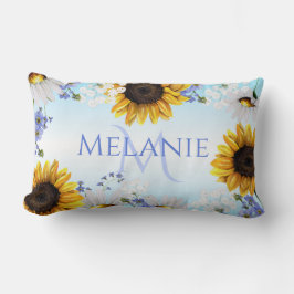 Blauwe Gele Zonnebloem Wilde Bloemen Monogram Kussen