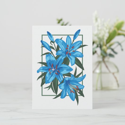 Blauwe gelilies. Aantekening van de ventilator Aankondiging (Staand voorkant)
