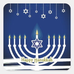 Blauwe Gelukkige Chanoeka Star Menorah Kaars Licht Vierkante Sticker