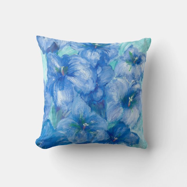 Blauwe Gentiaan Wilde Bloem Schildering  Kussen (Voorkant)