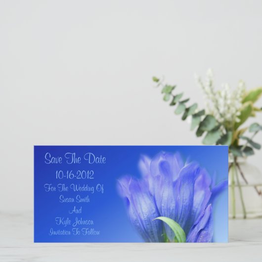 Blauwe Gentian Flower Wedding Save The Date (Staand voorkant)