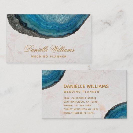 Blauwe Geode Agaat Wit Marmer Elegant Script Visitekaartje (Voorkant / Achterkant)