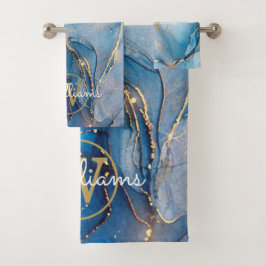 Blauwe Geode Agate Gouden Monogram Bad Handdoek