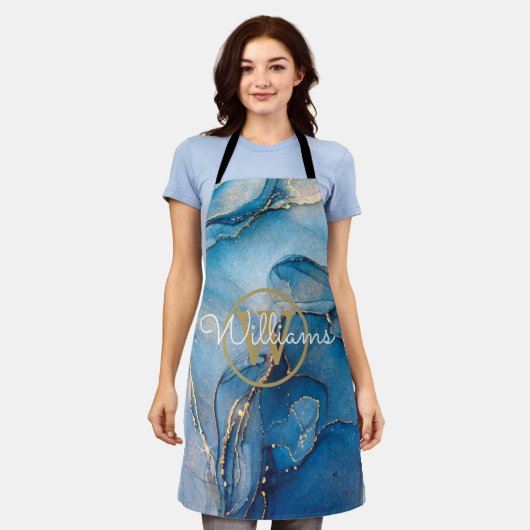 Blauwe Geode Agate Gouden Monogram Script Naam Schort (Gedragen)