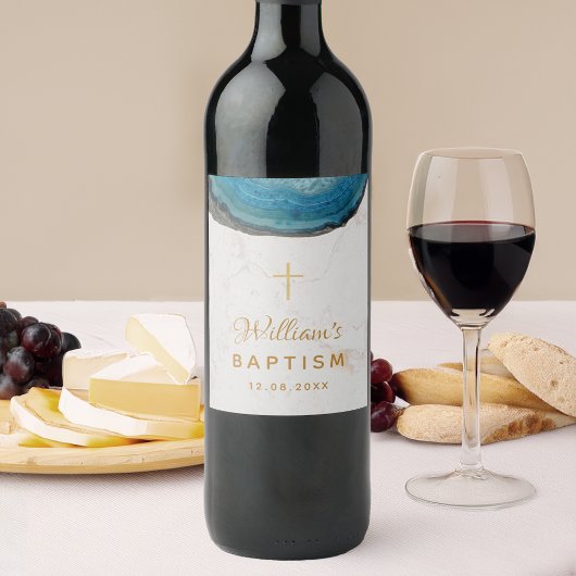 Blauwe Geode Jongen Dop Marmeren Gouden Kruis Agaa Wijn Etiket