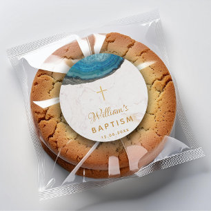 Blauwe Geode Jongens Doop Witte Marmer Gouden Krui Ronde Sticker