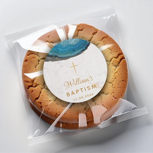 Blauwe Geode Jongens Doop Witte Marmer Gouden Krui Ronde Sticker