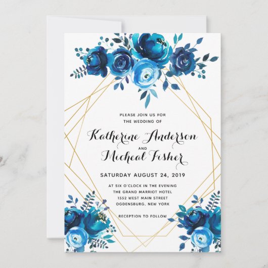 Blauwe Geometrische Bloemen Huwelijksuitnodiging Kaart (Voorkant)