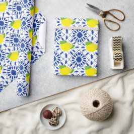 Blauwe geometrische citroentegel cadeaupapier