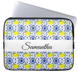 Blauwe geometrische citroentegel laptop sleeve