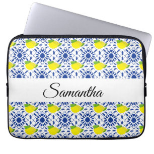 Blauwe geometrische citroentegel laptop sleeve
