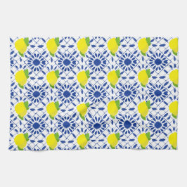 Blauwe geometrische citroentegel theedoek