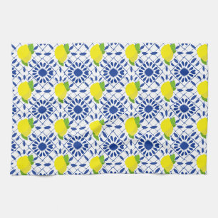 Blauwe geometrische citroentegel theedoek