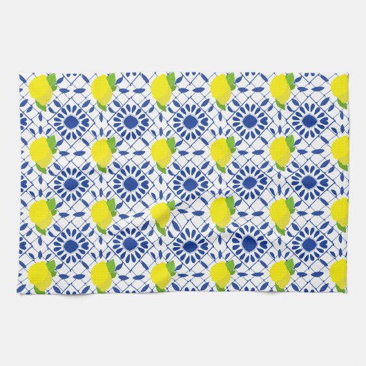 Blauwe geometrische citroentegel theedoek (Horizontaal)