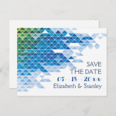 Blauwe geometrische driehoeken bruiloft Save the D Aankondigingskaart (Voorkant / Achterkant)