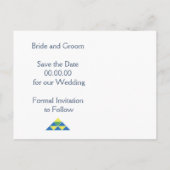 Blauwe geometrische driehoeken bruiloft Save the D Aankondigingskaart (Achterkant)