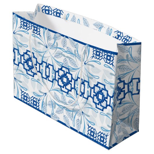 Blauwe Geometrische Floral Chinoiserie | Bruiloft Groot Cadeauzakje (Achterkant Gekanteld)