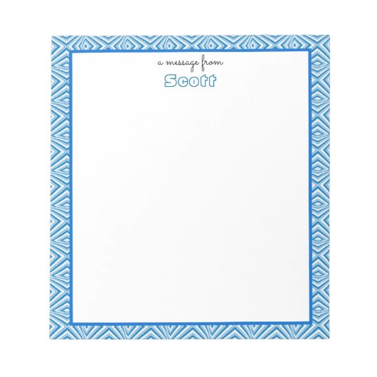 Blauwe geometrische grens met monogram notitieblok (Voorkant)