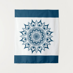 Blauwe Geometrische Mandala Witte Achtergrond Wandkleed