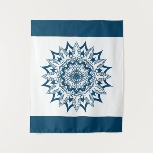 Blauwe Geometrische Mandala Witte Achtergrond Wandkleed (Voorkant)