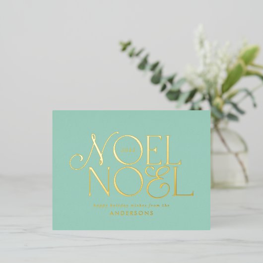 blauwe geometrische Noel script elegante moderne Folie Feestdagen Briefkaart (Staand Voorkant)