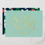 blauwe geometrische Noel-script elegante moderne  Folie Feestdagenkaart<br><div class="desc">Kleurrijke heldere leuke echte folie  script Noel Kerstmis geometrische typografie vakantie ontwerp. Rood,  groen,  marineblauw en roze kleurenschema.</div>