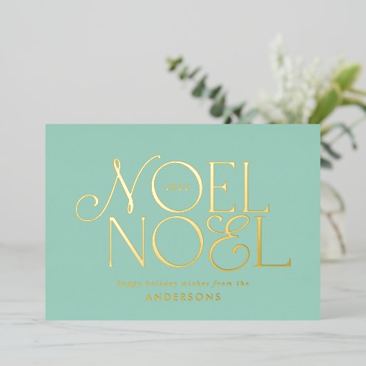 blauwe geometrische Noel-script elegante moderne  Folie Feestdagenkaart (Staand Voorkant)