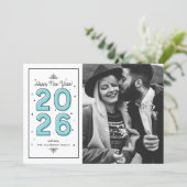 Blauwe Geometrische Typografie 2025 Nieuwjaar Feestdagenkaart (Staand voorkant)